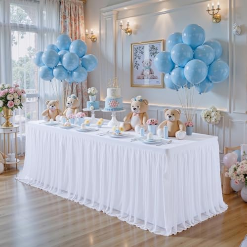 4 Pack White Tablecloths for 6 Foot Rectangle Tables Stretch Tulle Table Cloth Spandex Fitted Table Covers with Ruffle Skirt for Wedding Birthday Bridal Baby Shower Party Banquet Dessert Table Decor - Image 4