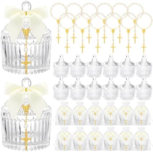 Chuangdi 12 Sets 48 Pcs Baptism Favors for Guests Crystal Candy Bowl Gifts with 12 Pcs Cross Rosary for Baptism Decorations Wedding Baby Shower Supplies First Communion Party(White) by Chuangdi