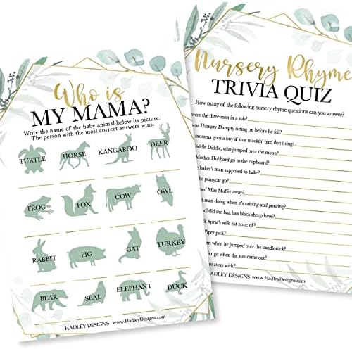 Hadley Designs 25 Greenery Word Scramble, 25 True Or False Game, 25 Trivia Game, 25 Find The Guest, 25 Baby Animal Matching, 25 Nursery Rhyme Game-6 Double Sided Cards Baby Shower Ideas - Image 5