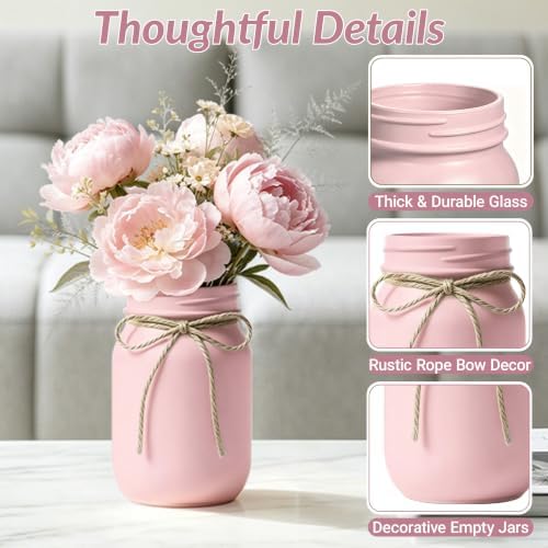 6 PCS 16oz Glass Mason Jars Flower Vases for Centerpieces, Pink - Image 3