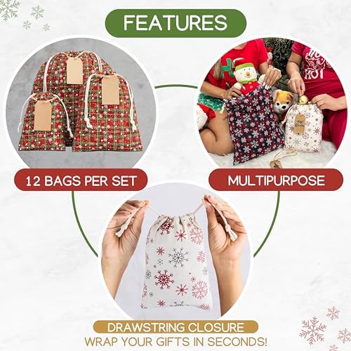 12 Pack Reusable Christmas gift bags with 15 gift tags. Gift sacks. Fabric drawstring holiday gift bags in assorted sizes. Xmas bags for presents, parties & stocking stuffers. (CE3) - Image 5