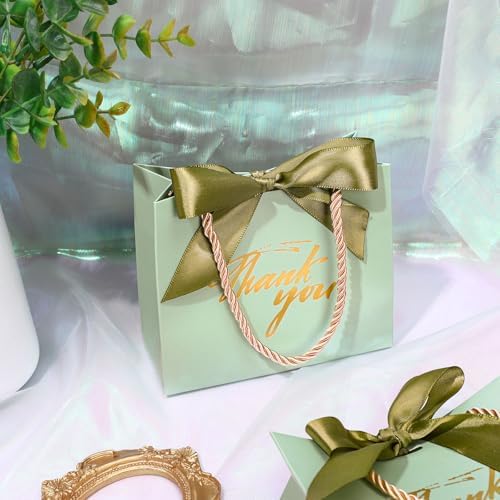 Whaline 50 Pcs Thank You Paper Gift Bags with Bows Sage Green Party Favor Bag with Handles Mini Candy Treat Bags for Wedding Bridal Baby Shower Birthday Party (Assembly Required) - Image 4