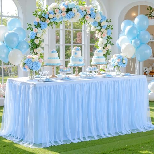 2 Pack Baby Blue Table Cloth for 8 Foot Rectangle Tables, Stretch Fitted Tulle Table Covers Skirt, Rectangular Ruffle Tutu Tablecloth Wedding Baby Shower Baby Shower Cake Tablecloths - Image 7