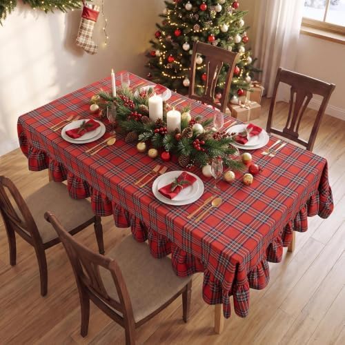 Romanstile Christmas Plaid Ruffled Tablecloth Rectangle, 60x120 Inch Red - Image 3
