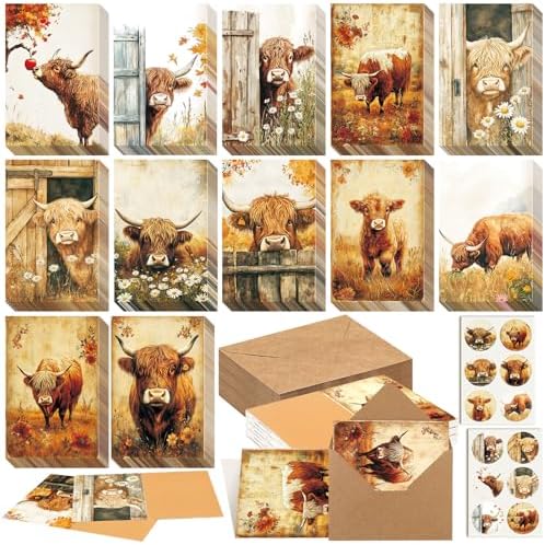 Motiskyy 72 Pack Vinatge Highland Cow Greeting Cards Bulk with 72 Pack Retro Rustic Envelopes 72 Pcs Farmhouse Stickers, 4 x 6 Inch Blank Inside Postcards for Baby Shower DIY Card Paper Gift by Motiskyy