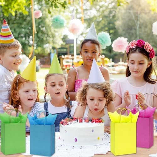 JarThenaAMCS 60Pcs Neon Paper Bags with 60 Sheets Rainbow Tissue Paper Green Orange Purple Pink Yellow Blue Candy Treat Bags with Handles for Birthday Party Favors Supplies - Image 7