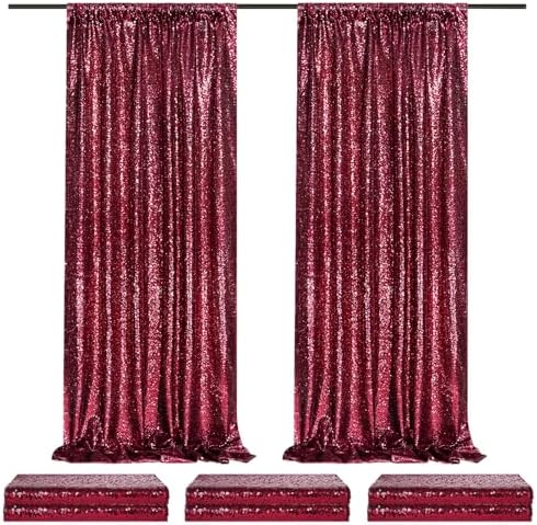 6 Packs 2x8FT Sequin Curtain Backdrop Burgundy Red Party Photo Backdrop by QueenDream