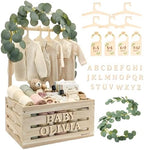 Wooden Baby Shower Crate Closet & Basket with Hanger Rack - Customizable Gift Basket with 2X Alphabet Letter Sets, Eucalyptus, 5 Hangers, Dividers, Nursery Decor Girls Boys (Natural Wood) by Unknown
