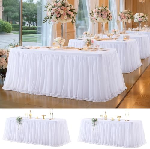 Wish Care 2 Pack White Tulle Table Cloth for 6 Foot Rectangle Tables White Tutu Desk Skirt Stretch Fitted Rectangular Tablecloths Wrinkle Free Ruffle Table Cover for Wedding Birthday Party Banquet by WishCare