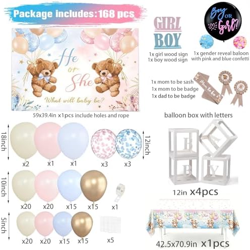 Gender Reveal Decorations Pink Blue Balloon Arch Garland Kit, Bear Theme, Baby Shower Party Pack With Balloon Boxes,Backdrop,Wood Table Sign,Tablecloth,...170PCS For Girl Boy Gender Reveal - Image 2