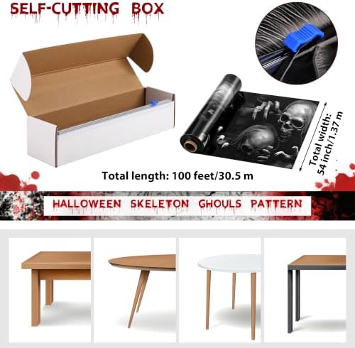 Kochorie 100 Ft x 54 Inch Halloween Graveyard Skeleton Tablecloth Roll with Cutter Box Waterproof Plastic Horror Theme Skeleton Ghouls Photography Backdrop for Halloween Spooky Party Decor - Image 2