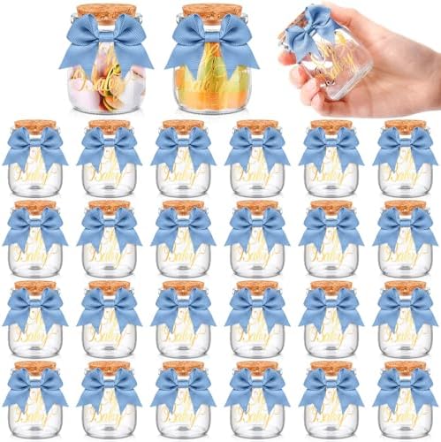 Funnymoom 24 Sets Baby Shower Bottles Favors for Guests Glass 100 ml Milk Jar with Ribbons and Stickers Decorations for Gender Reveal Newborn Centerpiece Party Favor(Dusty Blue,Baby) by Funnymoom