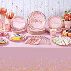 352 Pcs Pink and Rose Gold Birthday Party Supplies Severs 50 Guests Paper Plates Cups Napkins, Plastic Tablecloths Forks Knives Spoons Pink Disposable Dinnerware Set for Baby Shower Birthday Wedding - Image 4
