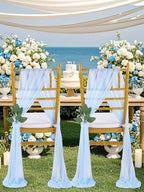 QueenDream Light Blue Sashes Chair Aisle Decorations: 24 Pack Baby Shower Chair Cover 8FT Long Tulle Draping Fabric Wedding Reception Church - Image 4