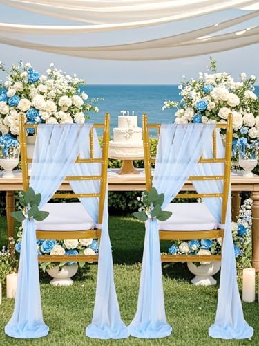 QueenDream Light Blue Sashes Chair Aisle Decorations: 24 Pack Baby Shower Chair Cover 8FT Long Tulle Draping Fabric Wedding Reception Church - Image 4