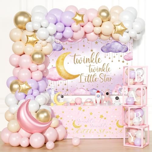 Twinkle Twinkle Little Star Baby Shower Decorations, Pink Stars and Moon Party Decorations with Balloon Garland Baby Boxes Backdrop Tablecloth by Fiesec