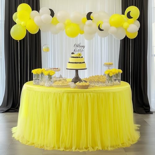 167in Yellow Tulle Table Skirts for Rectabgle Tables 6/8ft, 2-Layer Gold Grim Ruffle Tulle Tutu Cloth Table Skirt 14ft Decor Bee Themed Birthday Party Wedding Baby Shower Cake Dessert(No Table Cover) - Image 5