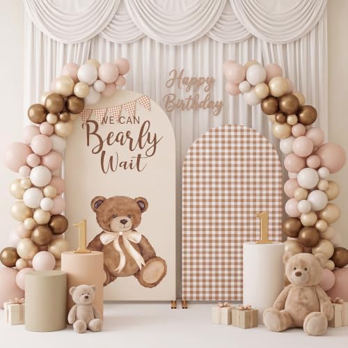 Remagr 2 Pcs We Can Bearly Wait Arch Backdrop Covers (7.2ft, 6ft) Tan Gingham & Teddy Bear Arch Covers Baby Shower Decorations with Checkered Pennant Banner for Baby Shower Party Decor Props - Image 6