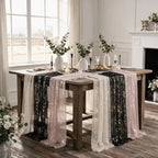 Artoid Mode 6PC Beige Black Pink Gauze Table Runner 120 Inch 10FT, Glitter Metallic Foil Sheer for Wedding Anniversary Holiday Birthday Home Party Decor - Image 2