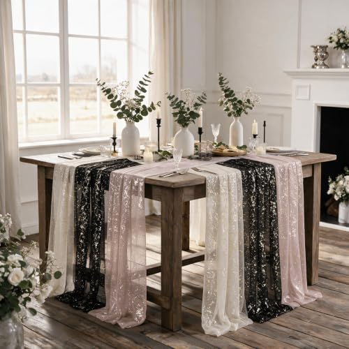 Artoid Mode 6PC Beige Black Pink Gauze Table Runner 120 Inch 10FT, Glitter Metallic Foil Sheer for Wedding Anniversary Holiday Birthday Home Party Decor - Image 2