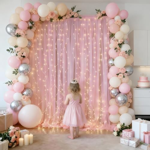 10×10ft Pink Tulle Backdrop Curtain with Lights String for Parties, Sheer Photo Curtain Backdrop Drapes for Wedding Party Photography Backgrounds - Image 3