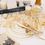 WELLIFE 300Pcs Clear Gold Dinnerware, Clear and Gold Plates Heavy Duty, Including 50 Dinner and 50 Dessert Plates, 50 Cups, 50 Silverware - Image 4