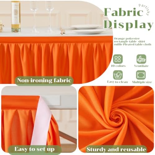 Partisky Orange Polyester Table Skirt for Rectangle Tables 17ft, Wrinkle Resistant Pleated Ruffle Table Cloth for Wedding Baby Shower - Image 5