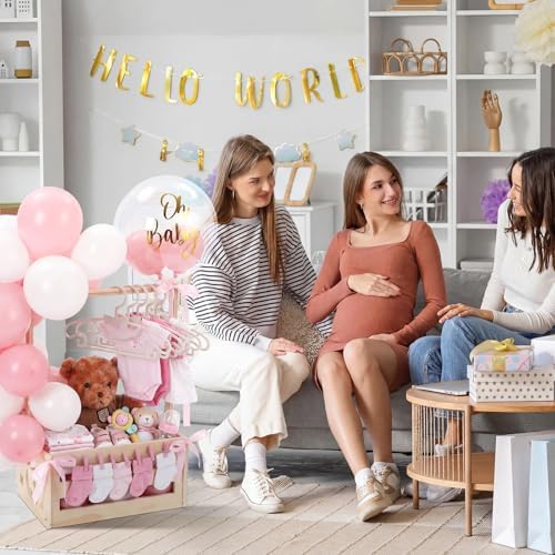 Wooden Baby Shower Crate Closet with Hanger Rack, Pink Bow Baby Gifts Basket with Balloon Accessories, DIY Babies Welcome Box for Pregnancy New Parent - Image 6