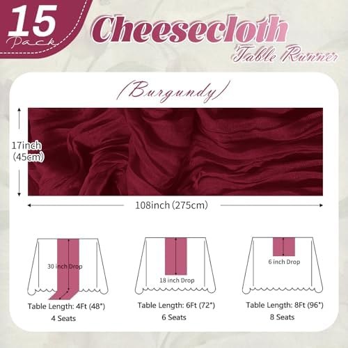 15 Pack Burgundy Cheesecloth Table Runner 17 x 108 inch Cheese Cloth Table Runners 9ft Burgundy Table Runner Rustic Romantic Sheer Gauze Runner for Wedding Party Baby Shower Table Decoration - Image 2