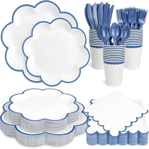 350 Pcs Dark Blue and White Paper Plates and Napkins Set by Unknown