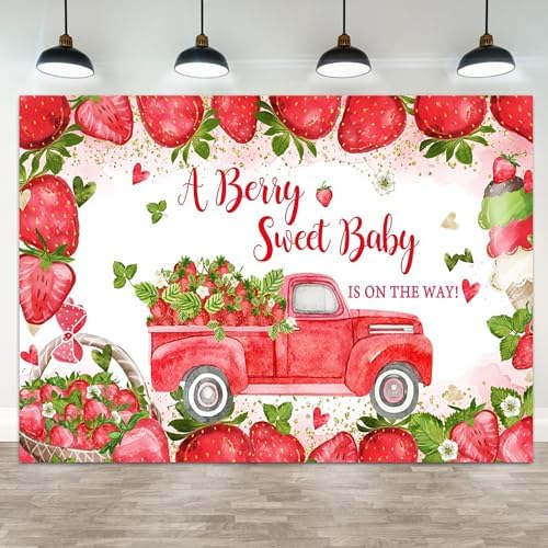 8x6ft Baby Shower Backdrop A Berry Sweet Baby is On The Way Photography Background Pink Strawberry Truck Banner Decorations Ice Cream Bowknot Girls Kids Newborn Party Photo Booth Prop by ASDCXZ