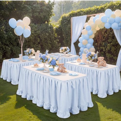 Flutesan 14 ft Blue Gingham Table Skirt for Rectangle Tables - Image 6