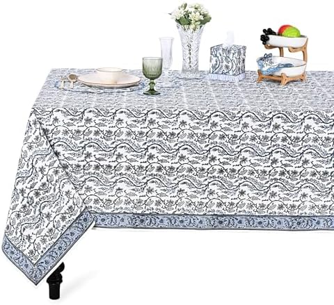 Ridhi Baby Blue Hand Block Print Cotton Tablecloth 190 x 72 Inch Rectangle by Ridhi