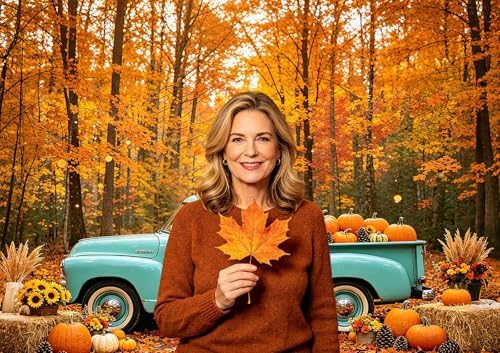 Fall Forest Backdrop Fall Vintage Blue Truck with Pumpkin Backdrop 8x6FT - Image 4
