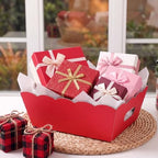 Fuyoooo 8 Pack Red Basket for Gifts Empty to Fill, 10" x 8" Thick Sturdy Kraft Scalloped Edge Gift Basket with Handle, 8 Wrap Bag 8 Bow 16 Tissue Paper for Christmas Wedding Birthday Wrapping Gift - Image 3