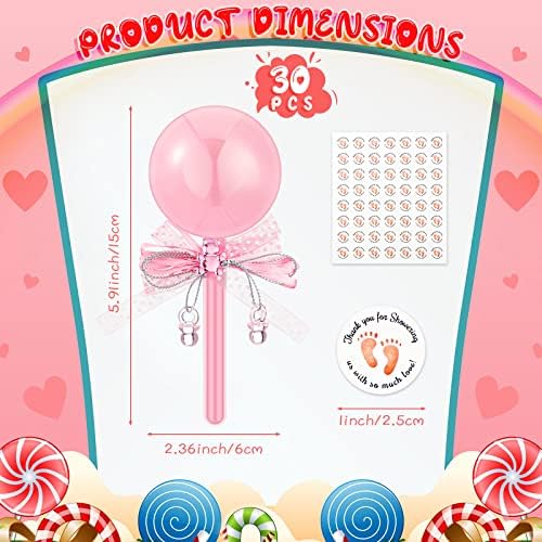 30 Pcs Rattle Party Favors Shower Bottles with Bow Crystal Bear Pacifier Ornament Pink Fillable Rattle Plastic Candy Bottle and 56 Thank You Label Stickers for Birthday Gift Decoration - Image 2