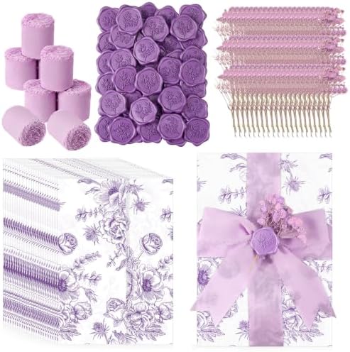 Fullhawl 50 Sets Wedding Invitations Wraps Set Pre Folded Vellum Jackets for 5 x 7 Invitations Dried Flowers Wax Seal Stickers Chiffon Silk Ribbon for Wedding Birthday Bridal Shower (Light Purple) by Fullhawl