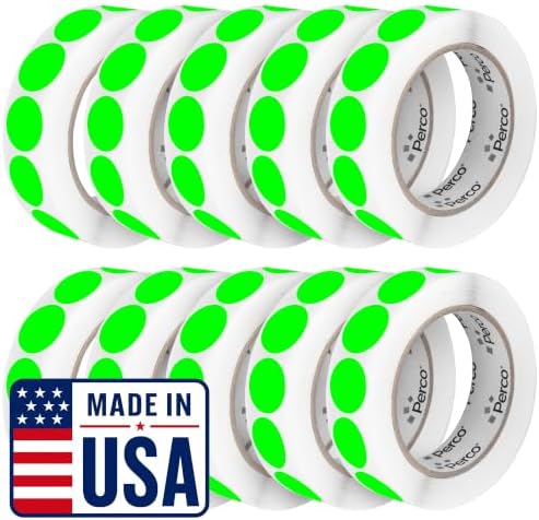 Perco Neon Green Perforated Round Circle Dot Sticker 1-Inch Labels — 10 Rolls, 10,000 Stickers - in Stock, Approved & Available Labels, High Visibility, Strong Adhesive—Made in USA by Perco