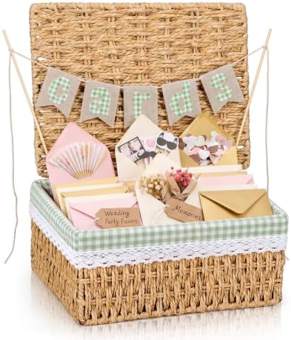 Gerrii Wedding Party Decoration 12 x 9.4 x 5.3 in Large Wicker Storage Basket with Lid Wedding Card Box and Card Banner Set Money Envelope Box Gift for Baby Shower Favor Supplies(Sage Green Plaid) by Gerrii
