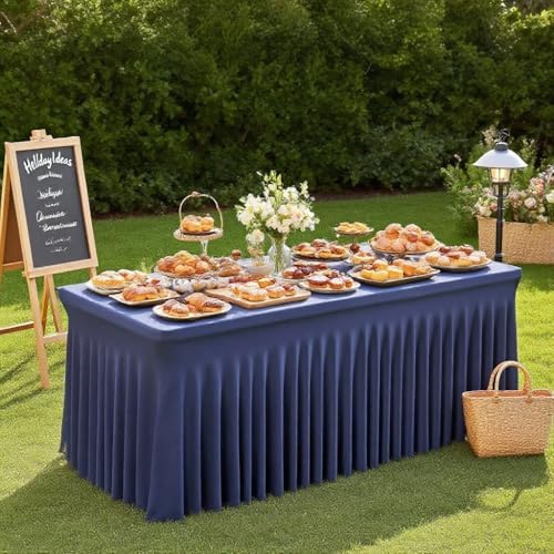 Wish Care 6 Pack Navy Blue Stretch Spandex Table Clothes for 4 Foot Rectangle Tables, 4FT Wrinkle Free Fitted Tablecloths Ruffles Design Table Cover for Party, Banquet, Wedding and Events - Image 3