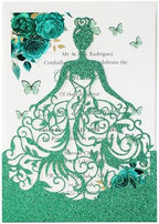 50PCS Green Glitter Quinceanera Invitations Kit, 5.12 x7.3 inch Laser Cut Hollow Girl Princess Quinceañera Invitations with Envelopes for Sweet 16 birthday Bridal XV Años Invite by KUCHYNEE