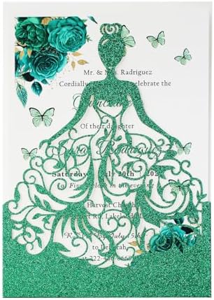 50PCS Green Glitter Quinceanera Invitations Kit, 5.12 x7.3 inch Laser Cut Hollow Girl Princess Quinceañera Invitations with Envelopes for Sweet 16 birthday Bridal XV Años Invite by KUCHYNEE