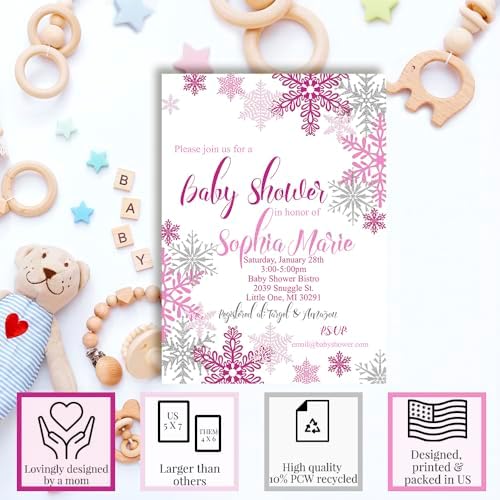 Snowflake Winter Theme for Girls Baby Shower 20 Custom Invitations 5"x7" Personalized Fill-In Cards with Envelopes, Baby Shower Stationery Set, Made in USA by Amanda Creation - Image 2