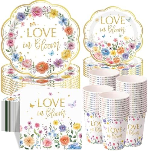 Pickmesh 250 Pcs Love in Bloom Bridal Shower Disposable Tableware Set Floral Love in Bloom Disposable Paper Plates Napkins and Cups for Wedding Party Supplies Bridal Shower Engagement, Serve 50 Guest by Pickmesh