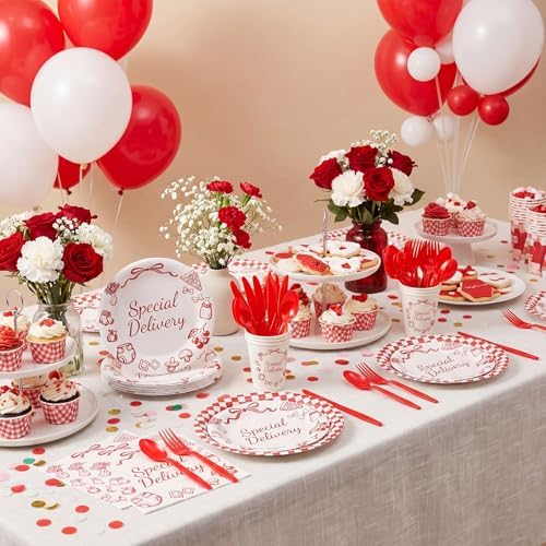 LemonRoad 175 Pcs Special Delivery Pizza Baby Shower Party Set Serves 25 Guests, 9'' Dinner Plates 7'' Dessert Plates 9oz Cups Red White Gender Neutral Disposable Tableware for New Baby Welcome Party - Image 4