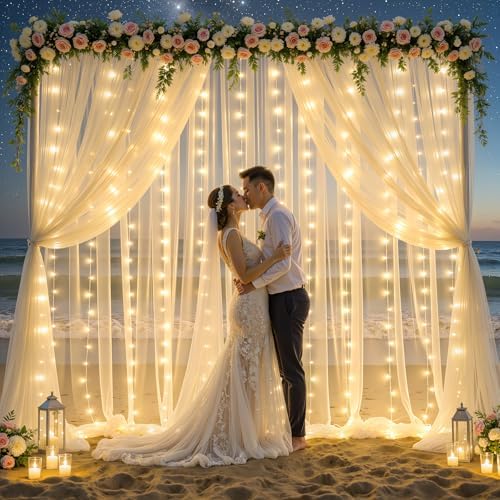 10x10ft Cream White Tulle Backdrop Curtains with Lights String for Parties,Wrinkle Free Sheer Curtain Wedding Photo Backdop Drapes for Baby Shower Birthday Party Photography Home Decorations - Image 5