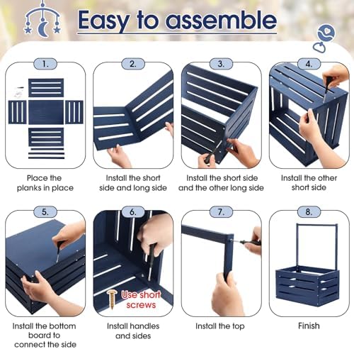 Suzile Baby Shower Crate Wooden Closet Baby Basket Gift,Navy Blue - Image 4
