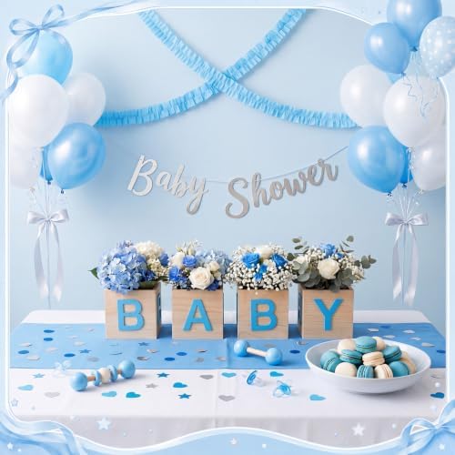 4 Sets Baby Shower Centerpieces for Table, 6 Inch Wood Boxes with Floral Foam Blocks Cube Planter Vase with Baby Letters for Babys Shower Gender Reveal Party Favor Table Decor (Blue) - Image 6
