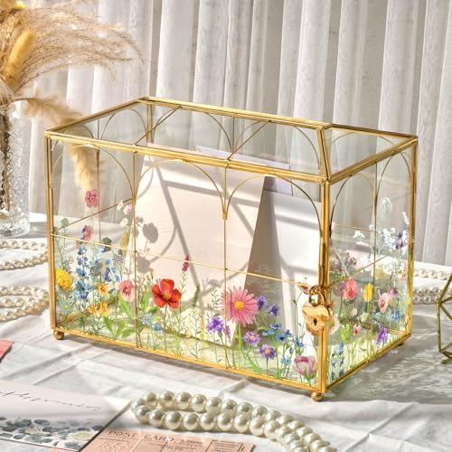 AerWo Glass Wedding Card Box with Lock, Gold Rim Gift Card Box for Wedding with Flower Patterns, Clear Wedding Card Boxes for Reception Memory Money Box for Graduation Baby Shower Birthday Party Decor by AerWo