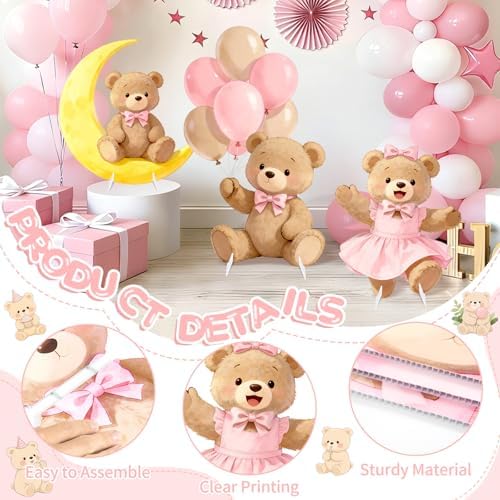 3Pcs Pink Bear Baby Shower Decorations, Large Moon Bear Cardboard Cutout Standup with Yard Stakes & Stands for Girls Bear Birthday Indoor Outdoor Photo Booth Props Cartoon Party Supplies - Image 5